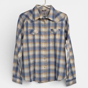 Wrangler Womens L Western Plaid Pearl Snap Shirt Long Sleeve Blue Yellow Cowgirl